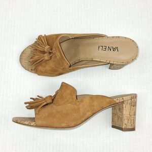 Vaneli Tan Suede Open Toe Tassel Cork Heel Mules